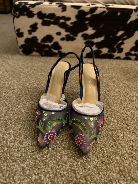 Betsey Johnson Shoes - Betsey Johnson Navy Mesh Slingback Heels with Multicolor Floral Embellishments